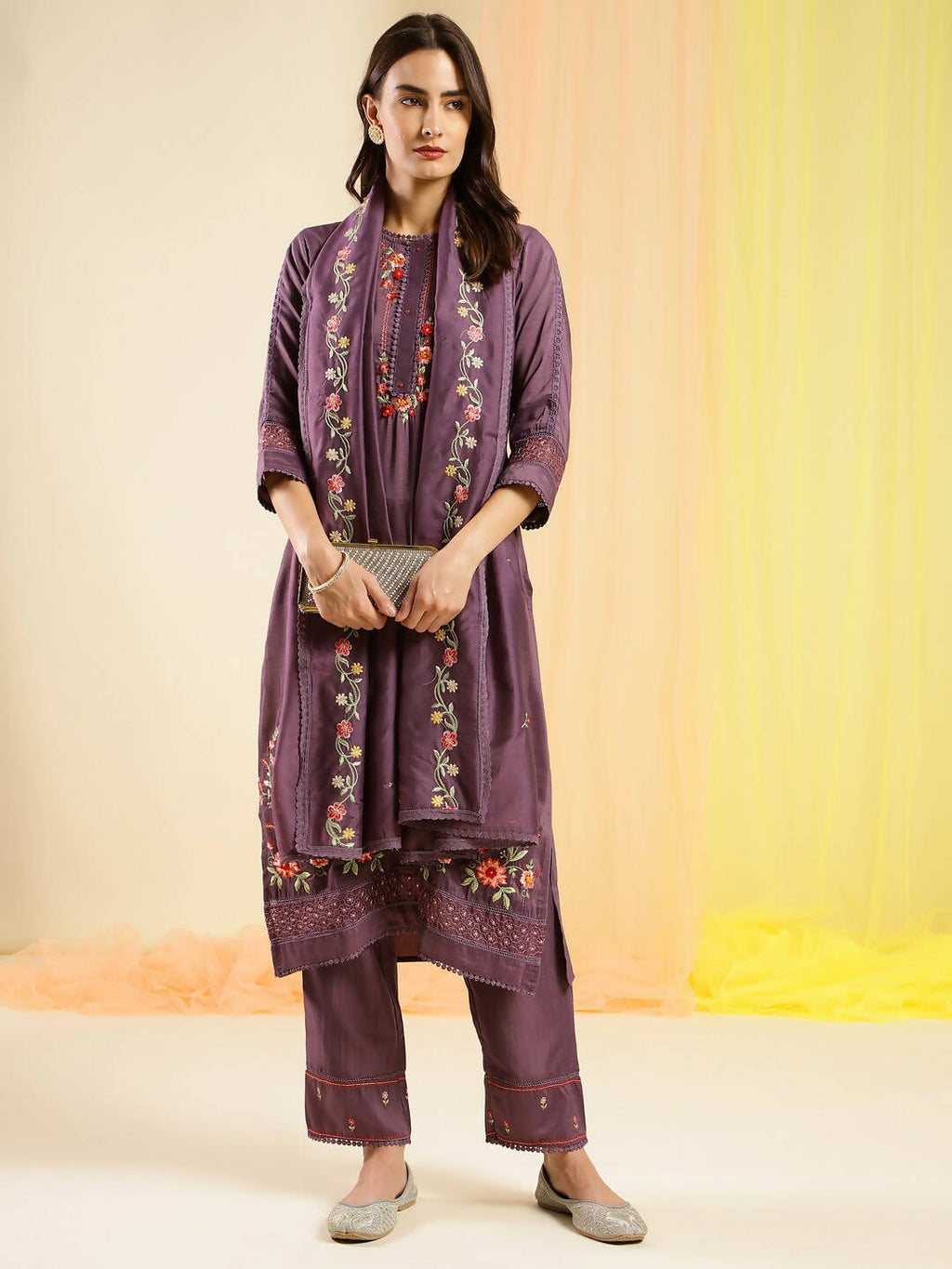 Purple Chinon Embroidered Straight Kurta with Trouser & Dupatta - Salimar | Grocsy