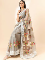 Grey Organza Floral Embroidered Saree with Unstitched Blouse Piece - Roozal | Grocsy