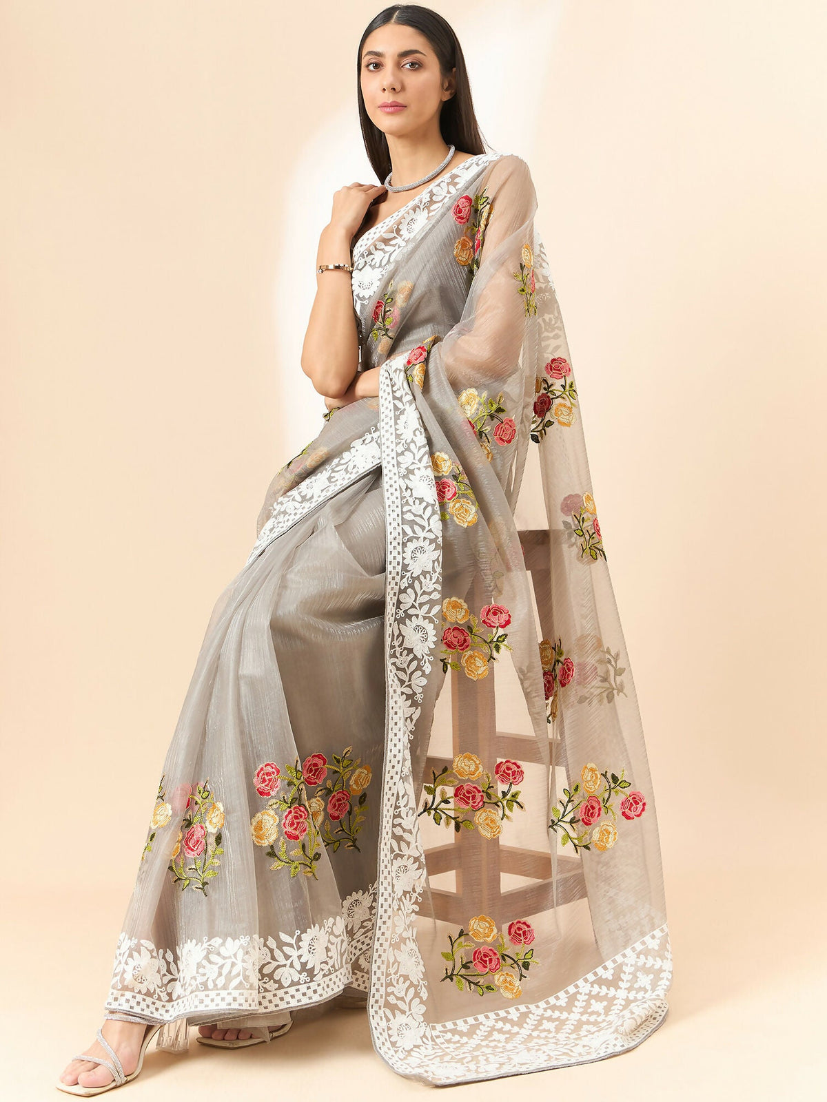 Grey Organza Floral Embroidered Saree with Unstitched Blouse Piece - Roozal | Grocsy