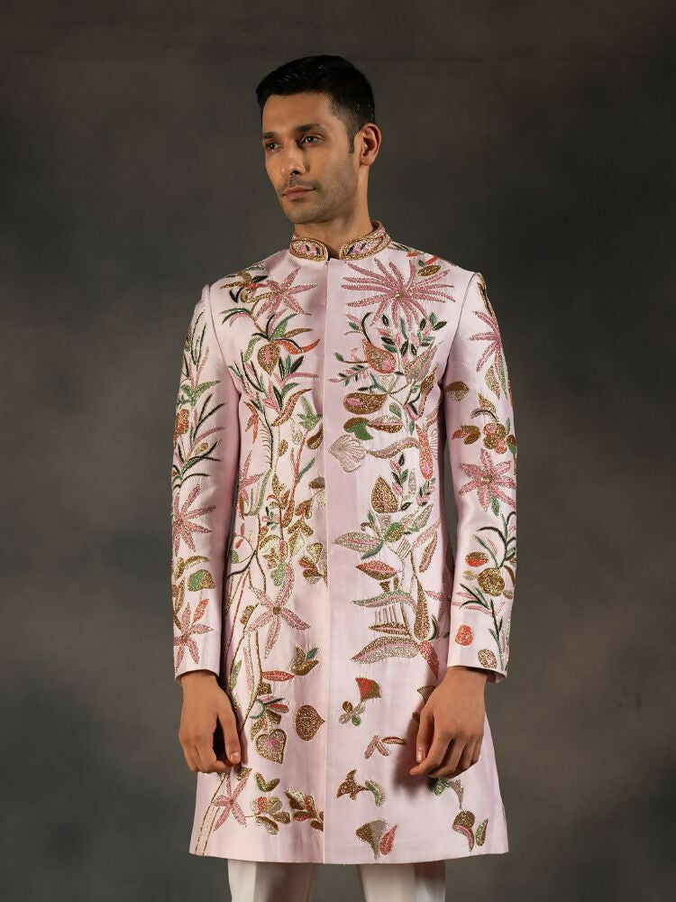 Pink Hand Embroidered Indowestern Sherwani by Hilo Design | Grocsy