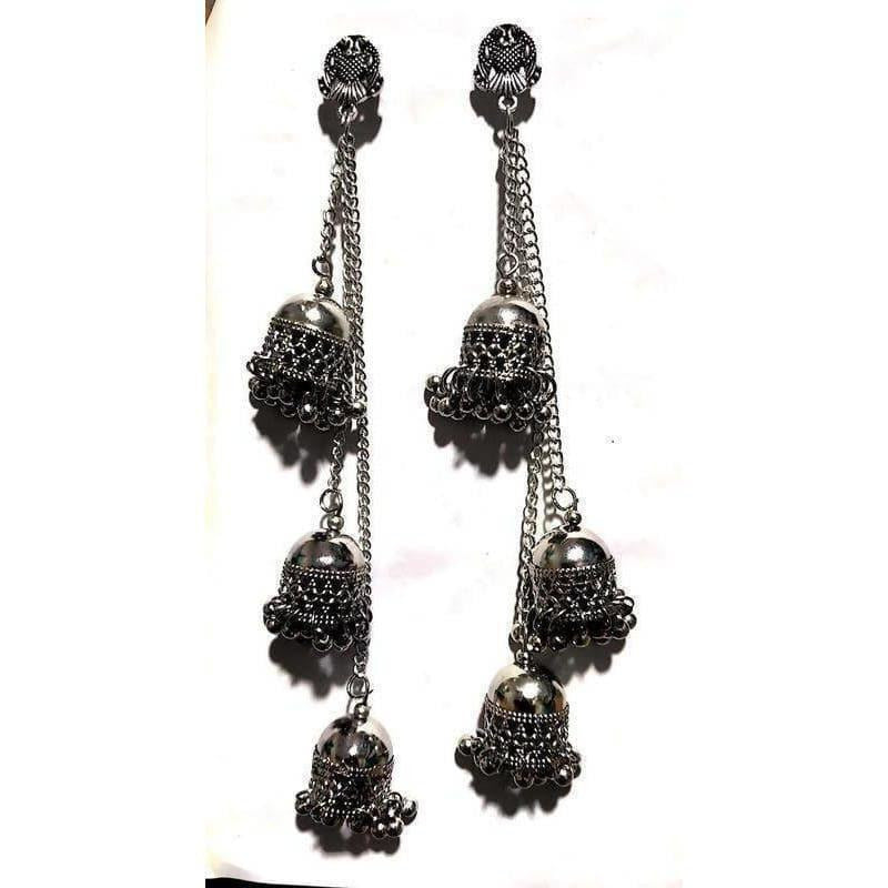 MS Fashion India Antique Silver Long Chain Triple Afghani Hanging Kashmiri Earrings | Grocsy