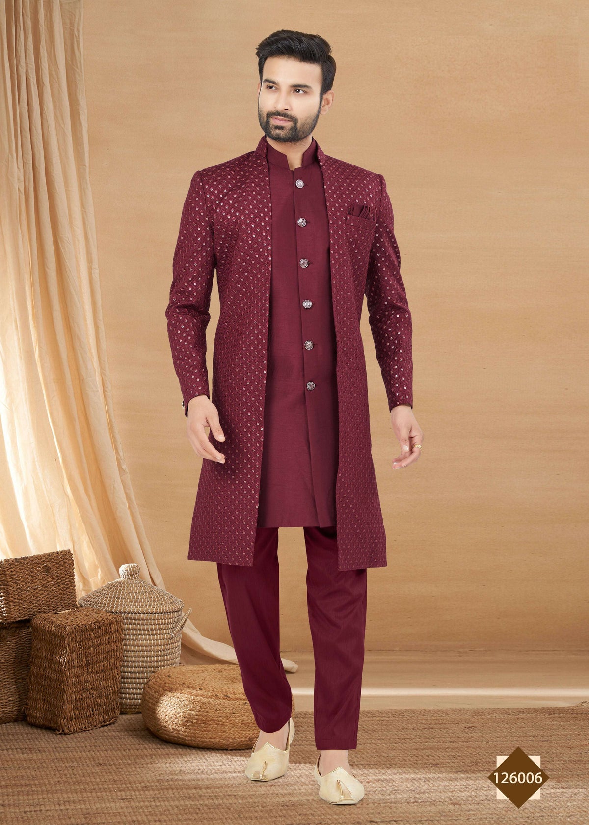Joban Fashion Men's Maroon Heavy Art Silk Plain Indowestern | Grocsy