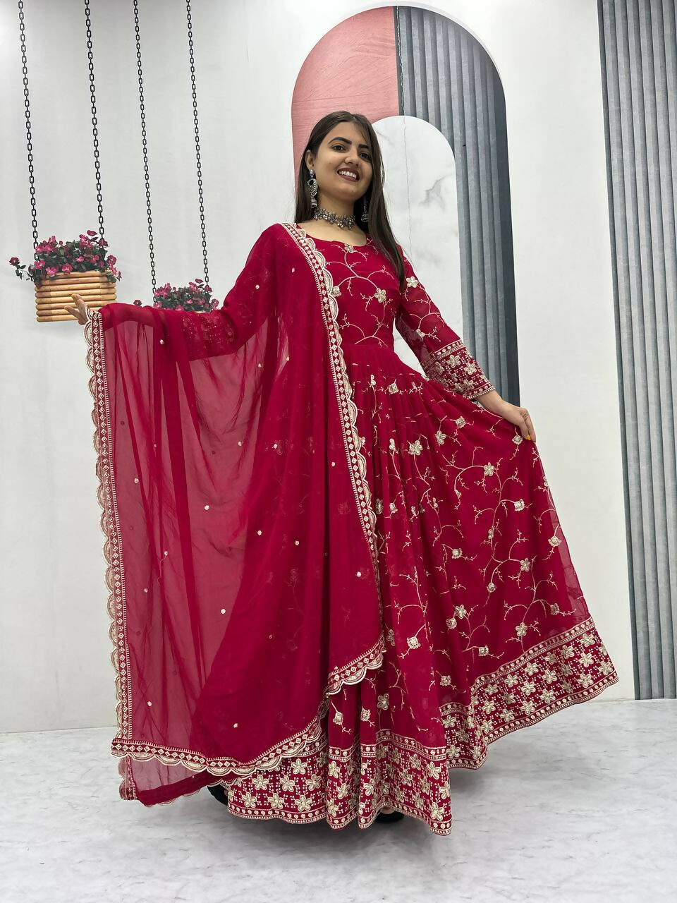 Teeya Creation Womens New Heavy Fox Georgette Fabric With Heavy Embroidery Work Red Kurta Set | Grocsy