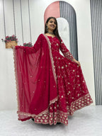 Teeya Creation Womens New Heavy Fox Georgette Fabric With Heavy Embroidery Work Red Kurta Set | Grocsy