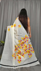 Exclusive Collection Beautiful White Yellow Pure Cotton Hand Print Handloom Saree With Running Blouse Piece | Grocsy