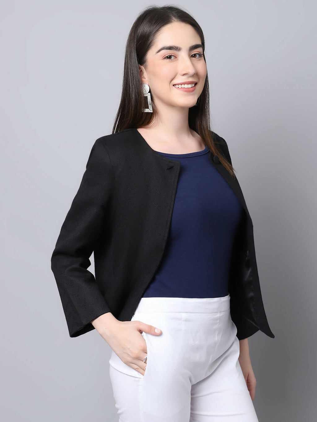 Even Apparels Black 100% Viscose Open Front Statement Women's Jacket | Grocsy