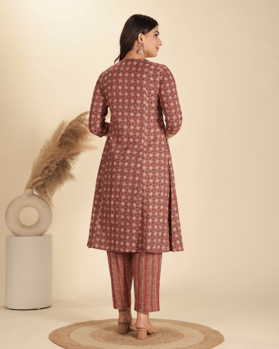 Aramya Red Soft Cotton Geometric Print Panelled Kurta Set for Women | Grocsy
