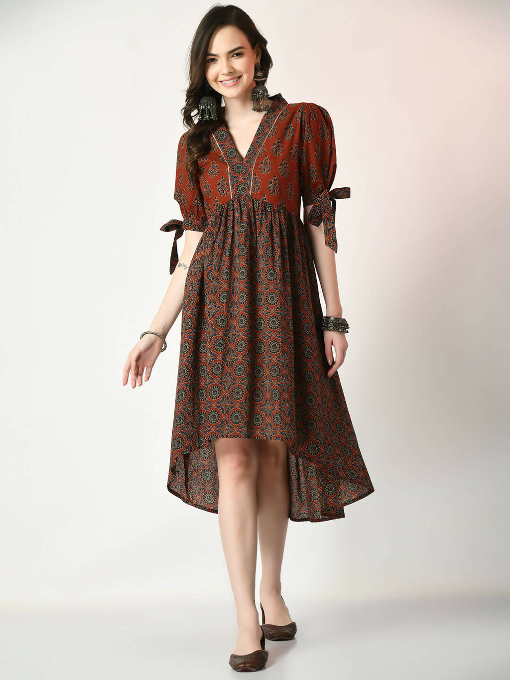 Myshka Women's Rust Empire Printed Dress | Grocsy