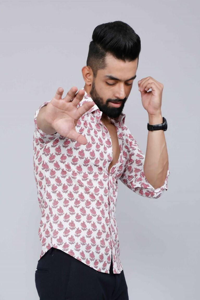 Miravan Men's White & Pink Spread Collar Floral Print Shirt | Grocsy