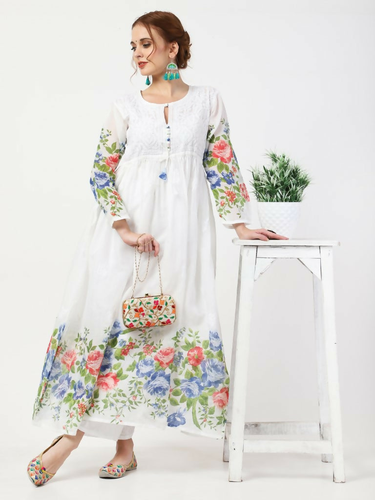 Cheera Women Stylish Hand Chikenkari And Digital Printe Cotton Organza Flared Anarkali Kurta - White | Grocsy