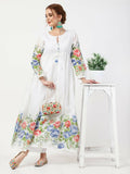 Cheera Women Stylish Hand Chikenkari And Digital Printe Cotton Organza Flared Anarkali Kurta - White | Grocsy