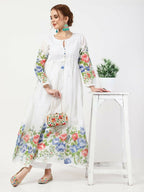 Cheera Women Stylish Hand Chikenkari And Digital Printe Cotton Organza Flared Anarkali Kurta - White | Grocsy