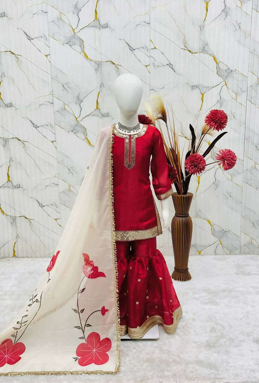 Teeya Creation New Kids Trendy Wedding Wear Traditional Kurta Sharara Set-Maroon | Grocsy