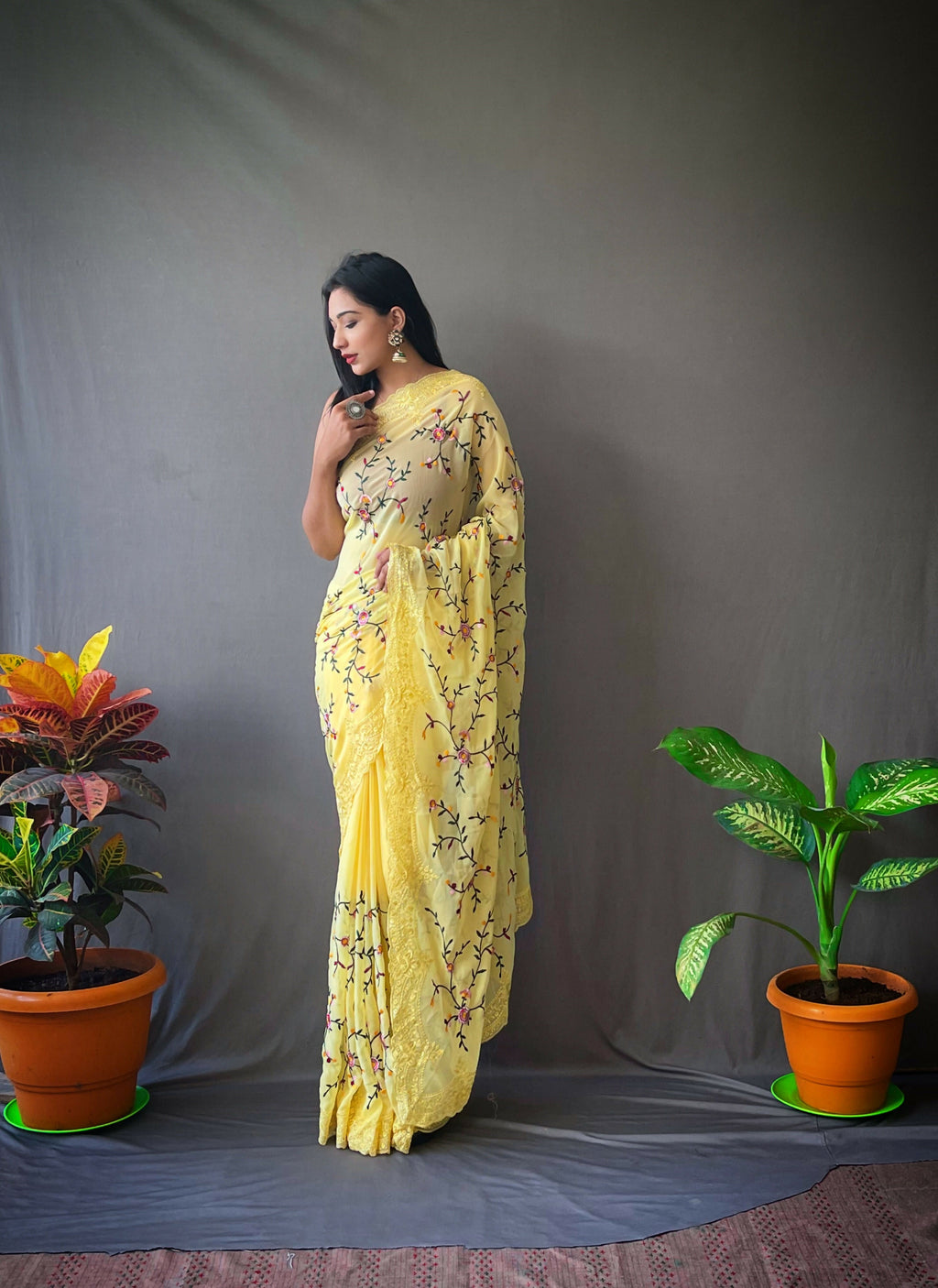 Vamsee Pearl 1 Yellow Georgette Saree | Grocsy