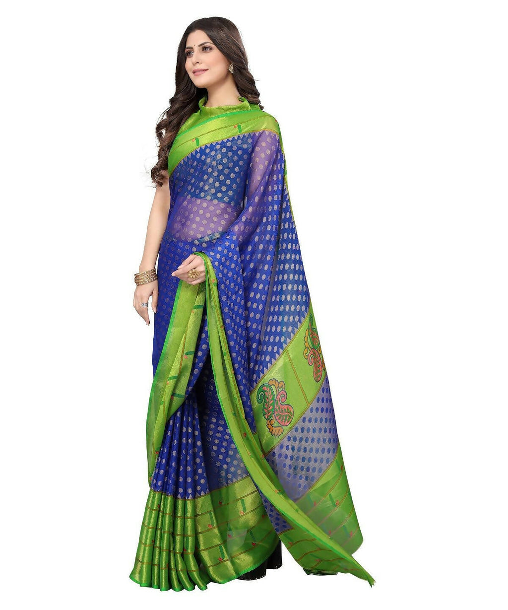 Vamika Blue Chiffon Brasso Bollywood Style Woven Saree (DIMPLE BLUE) | Grocsy