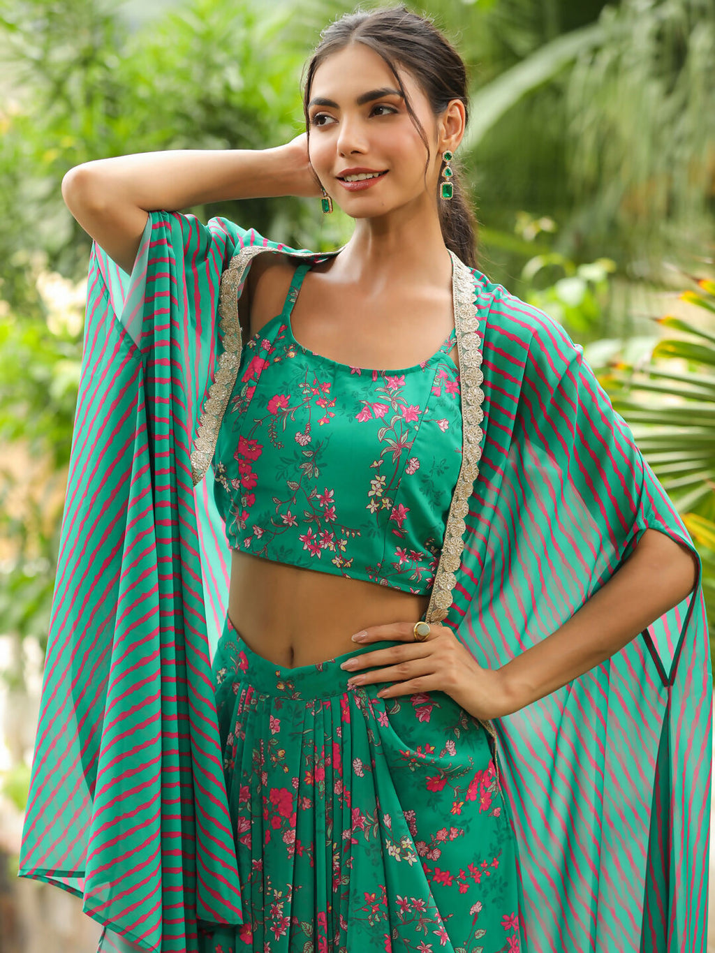 Janasya Green Georgette Floral Top Bottom Cape | Grocsy