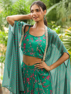 Janasya Green Georgette Floral Top Bottom Cape | Grocsy
