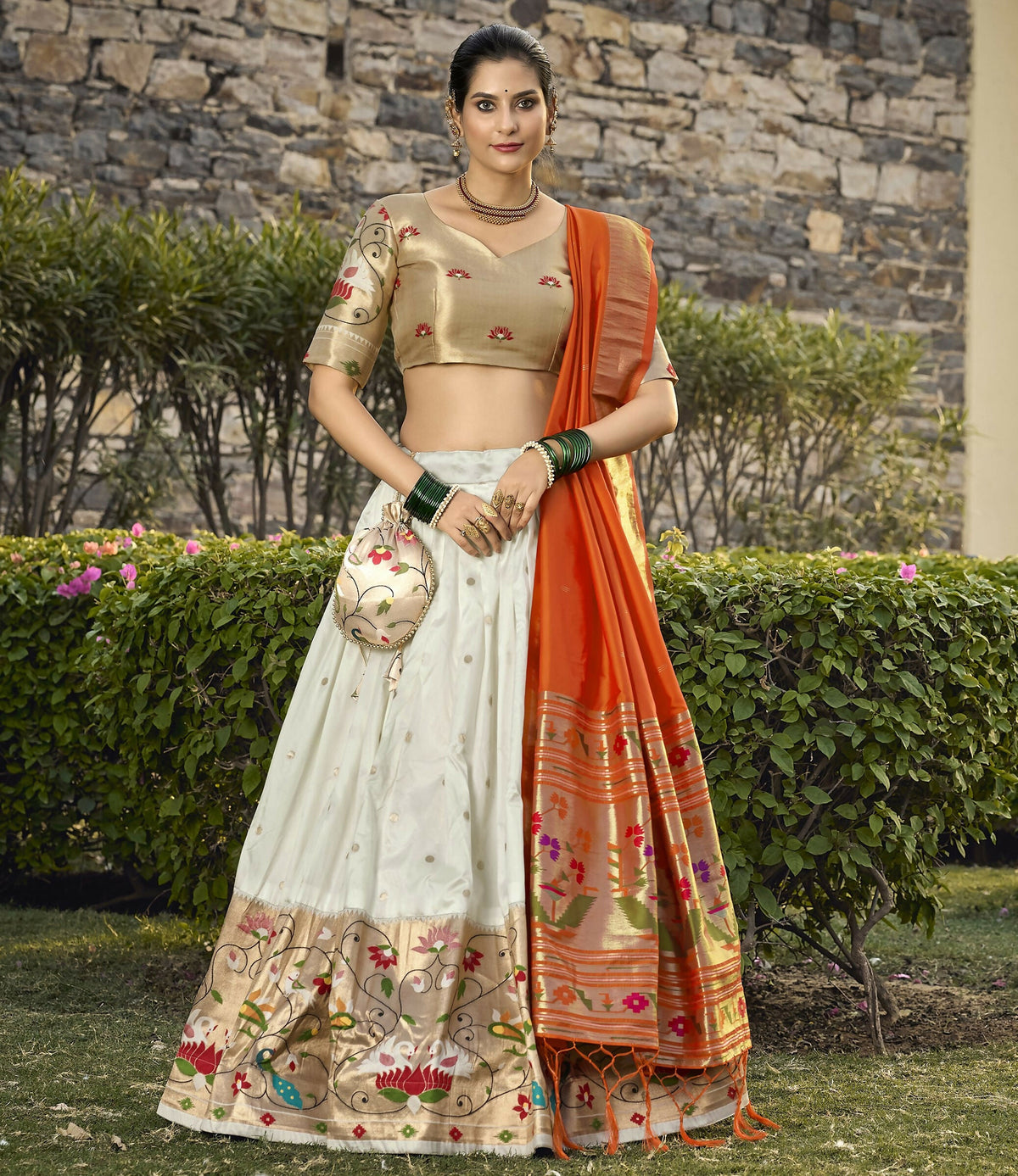 Vastranavya Traditional Jacquard Silk Paithani Lehenga Choli - White | Grocsy
