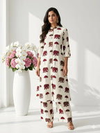Teeya Creation Women New Trendy Off-White & Maroon Red Elephant Print Cotton Kurta with Palazzos | Grocsy