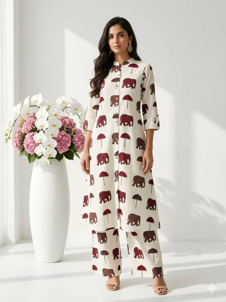 Teeya Creation Women New Trendy Off-White & Maroon Red Elephant Print Cotton Kurta with Palazzos | Grocsy
