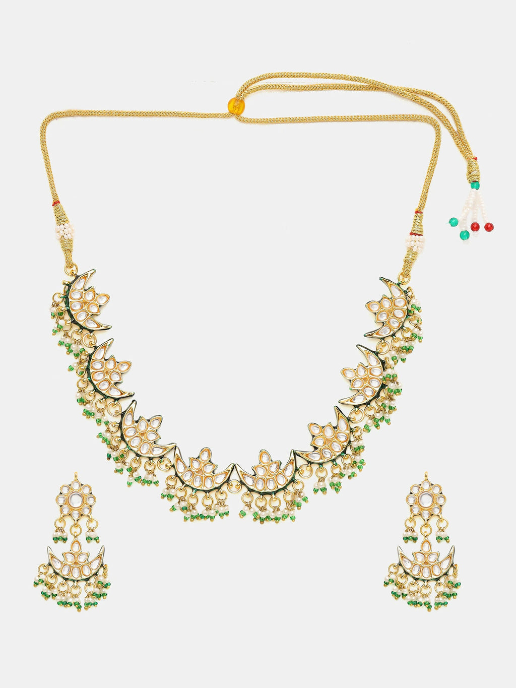Ruby Raang Gold Polished Kundan Work Gold Half Moon Kundan Necklace With Earrings | Grocsy