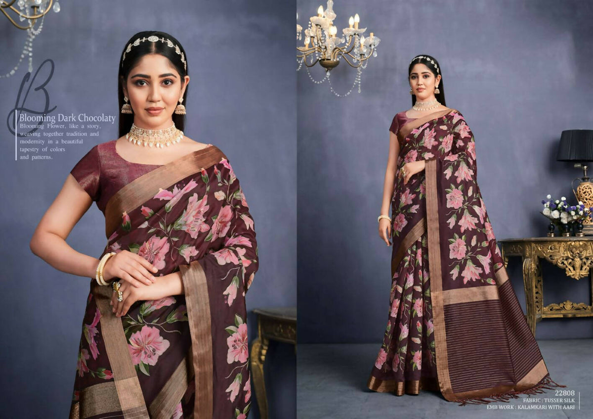 Maroon Tusser Silk Floral Printed With Sequence Embroidered Saree With Unstitched Blouse - Mohmanthan Aahana | Grocsy