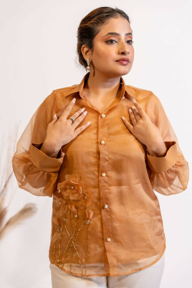Timaraa Rust Brown Organza Shirt With Pearl & Katdana Embellishment | Grocsy