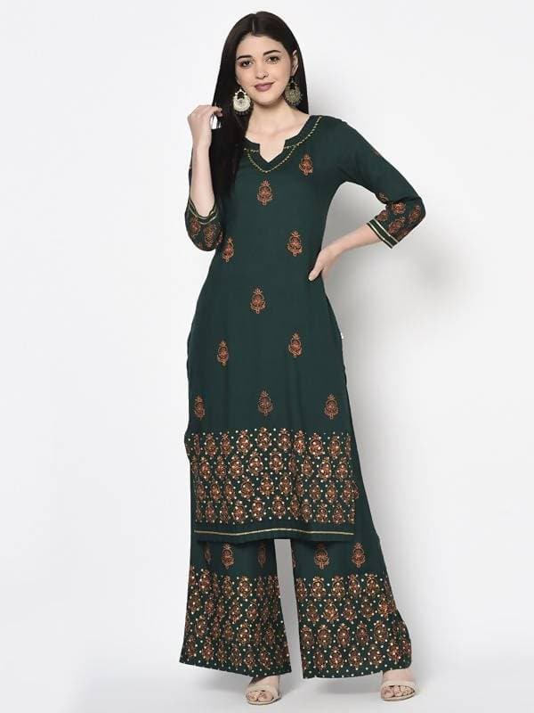 Aniyah Rayon Bottle Green Color Block Print Flared Slip-On Palazzo (AN-219K) | Grocsy