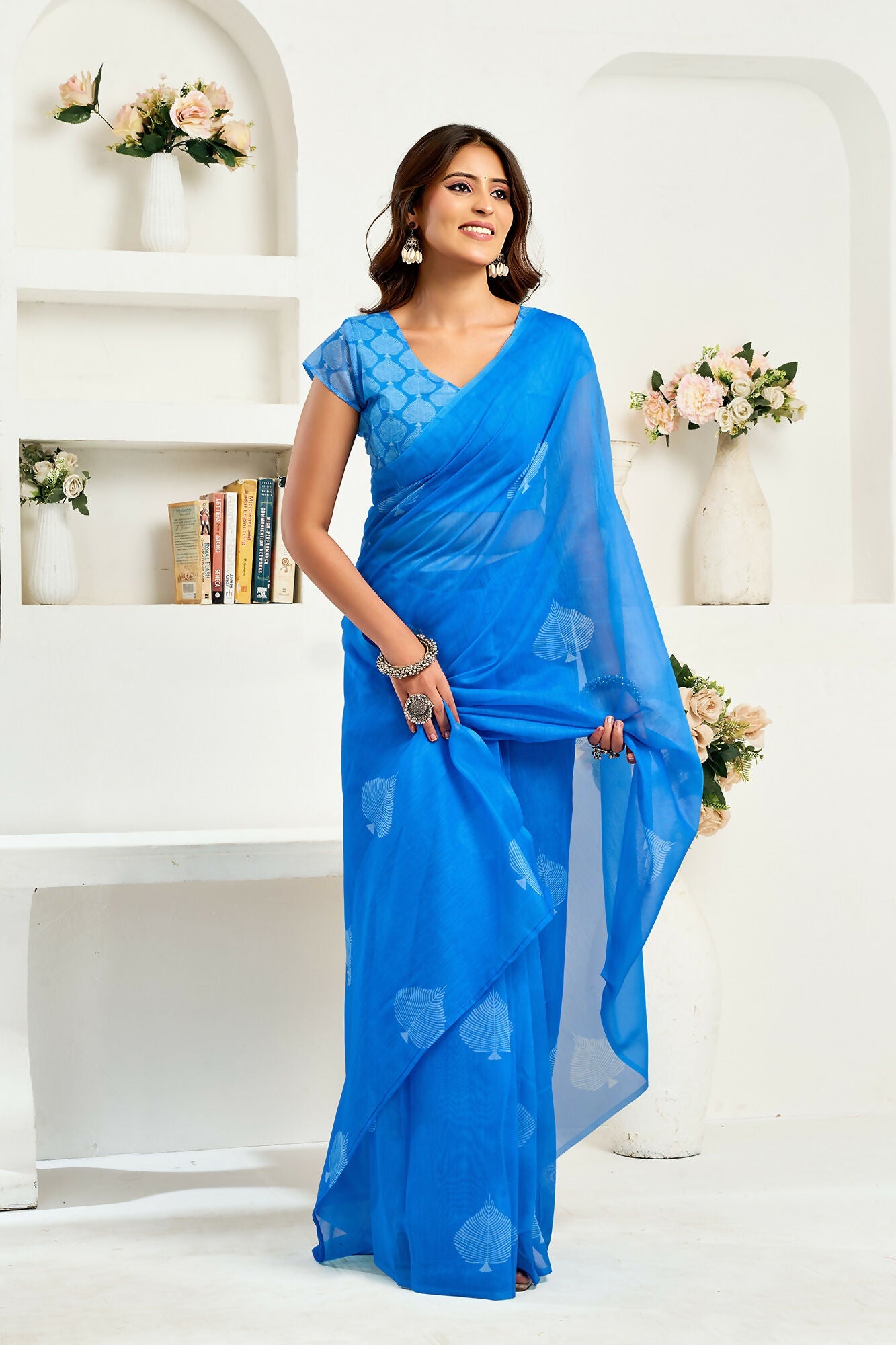 Vastranavya Blue Digital Printed Linen Ready To Wear Designer Saree with Unstitched Blouse | Grocsy