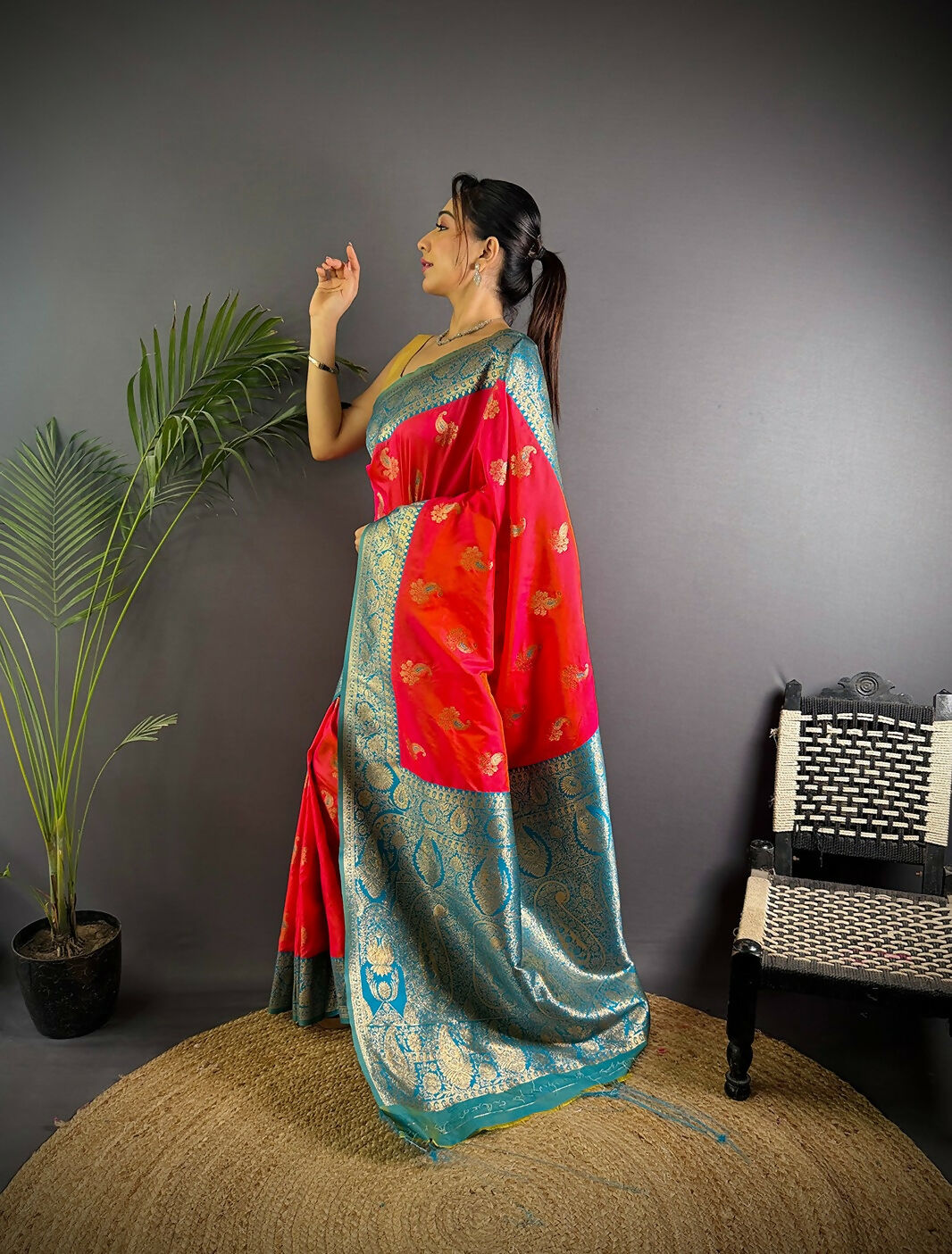 Joban Fashion Banarasi Hot Pink Woven Butti Soft Silk Saree | Grocsy