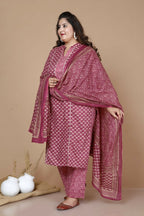 Miravan Women's Plus Size Pink Straight Floral Printed Kurta & Palazzo With Dupatta Set | Grocsy