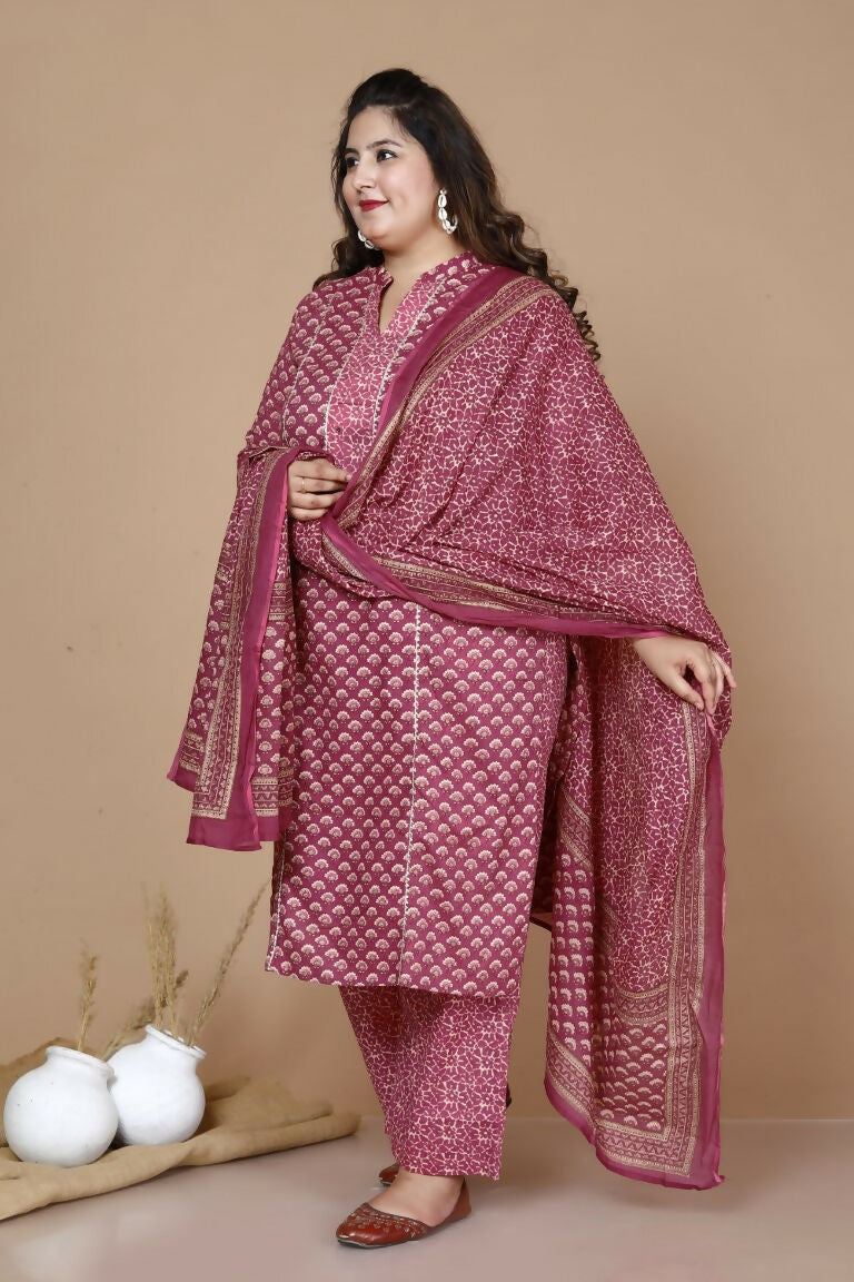 Miravan Women's Plus Size Pink Straight Floral Printed Kurta & Palazzo With Dupatta Set | Grocsy