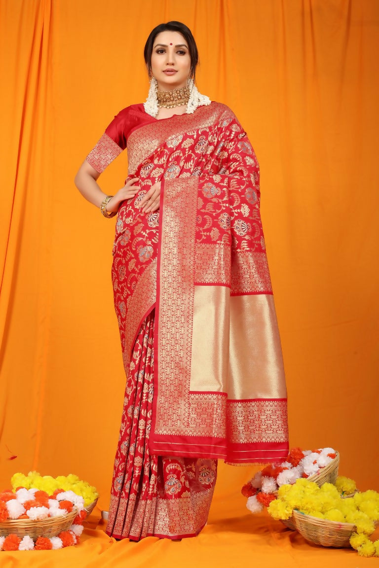 Jyoti Fashion Women's Maroon Kanjivaram Silk Zari Woven Saree with Blouse | Grocsy