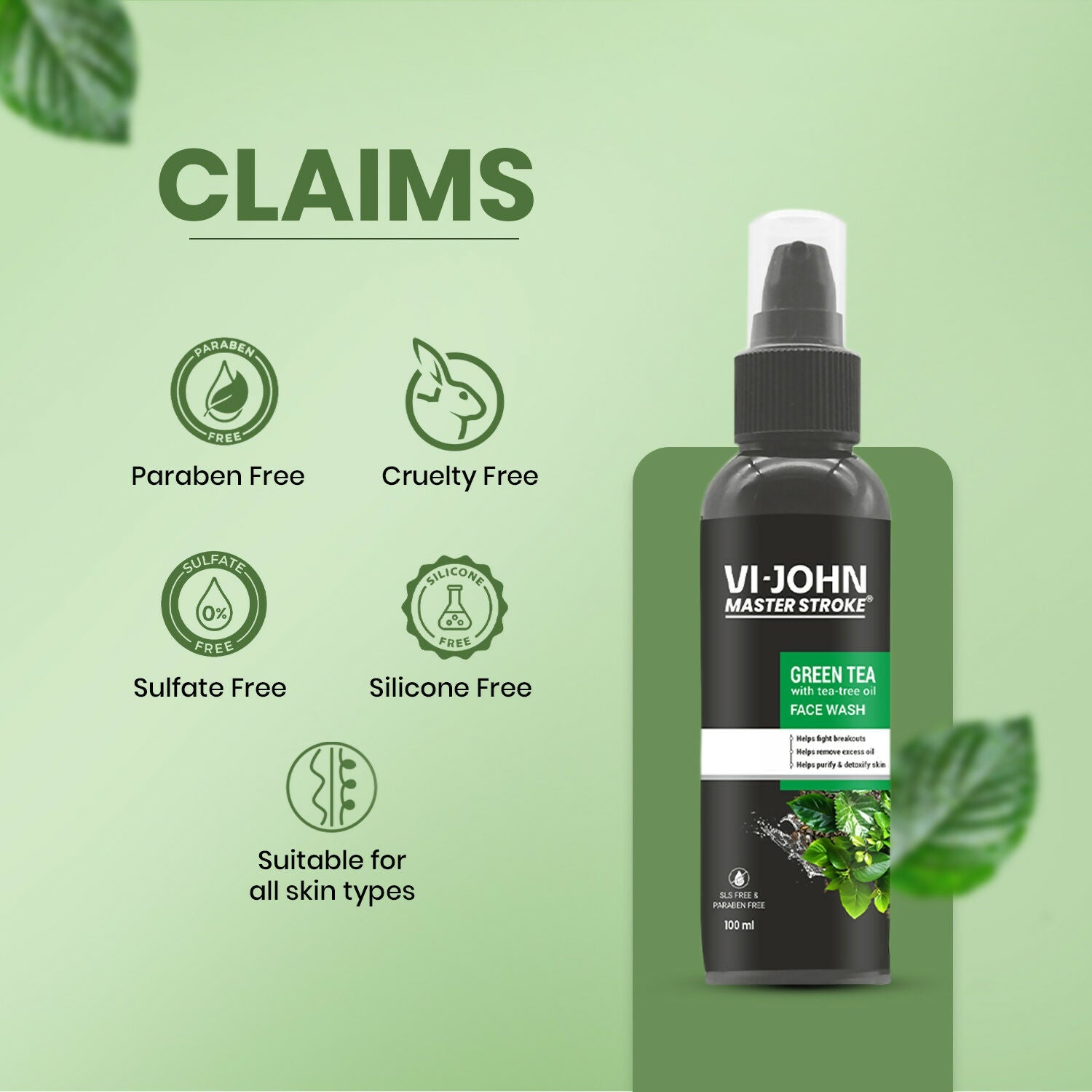 VI-JOHN Master Stroke Green Tea Face Wash Brightening Skin And Improving Texture For All Skin Type | Grocsy