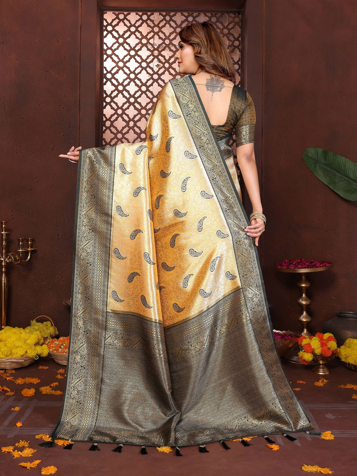 Aastha Fashion Mustard Tissue Silk Weaving Saree | Grocsy