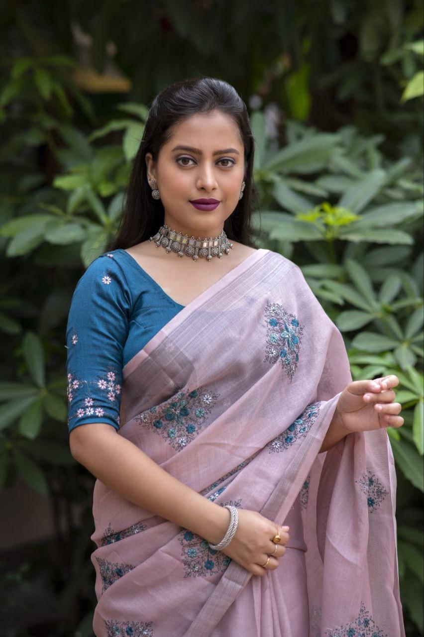 Mine Pure Linen Ethnic Motifs Saree with Unstitched Blouse - A2M | Grocsy
