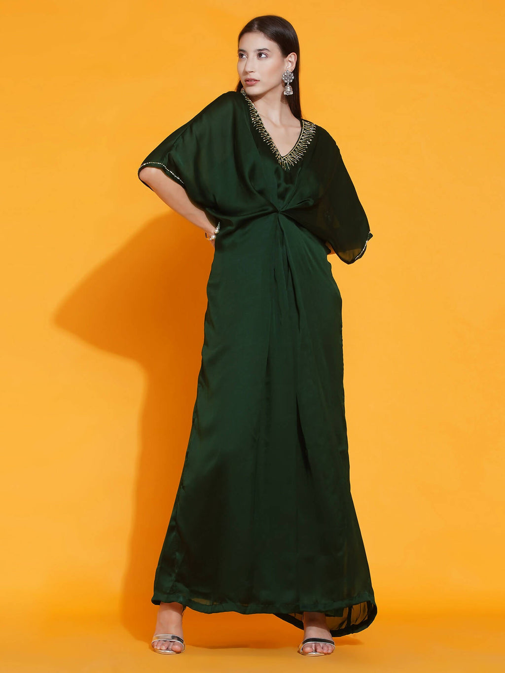 Women Republic Green Georgette Hand Embellished Kaftan Style Gown | Grocsy