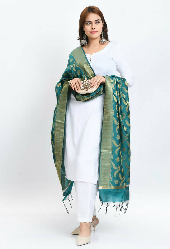 Mominos Fashion Moeza Women's Banarsi Silk Floral Woven Design Rama Green Dupatta | Grocsy