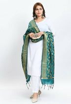 Mominos Fashion Moeza Women's Banarsi Silk Floral Woven Design Rama Green Dupatta | Grocsy