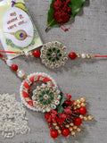 NVR Women & Men Set of 2 Red & Gold Toned Stone-Studded & Beaded Bhaiya Bhabhi Rakhi With Roli Chawal & Chocolate | Grocsy