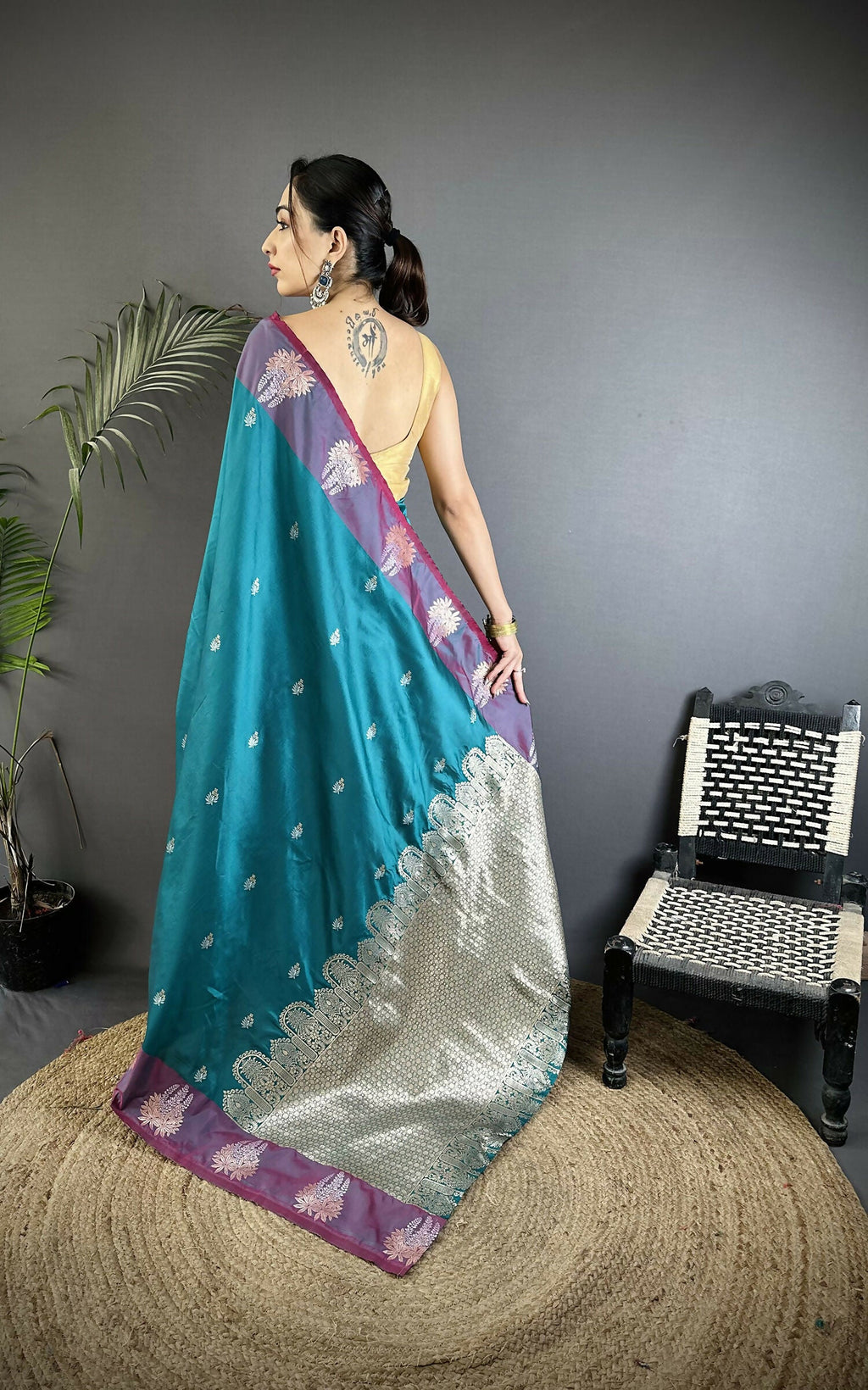 Joban Fashion Teal Small Butti Soft Silk Banarasi Saree | Grocsy