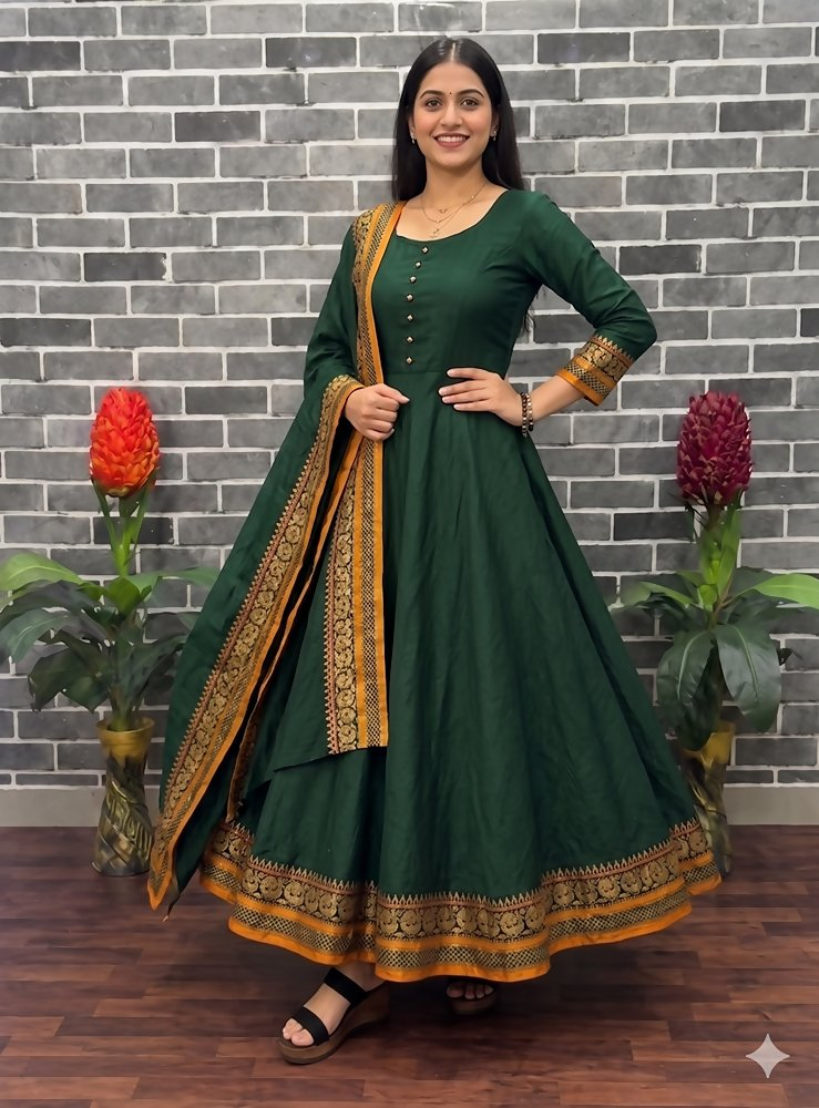 Teeya Creation New Trendy Stylish Green Solid Anarkali Kurta with Traditional Golden Border Dupatta Set | Grocsy