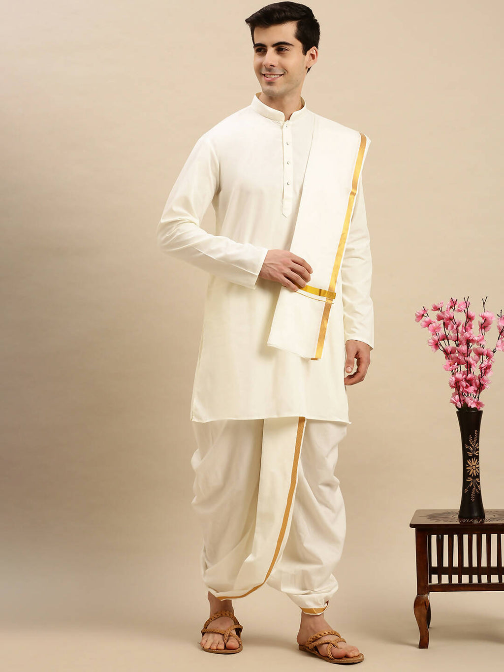 Ramraj Cotton Premium Wedding Cream Readymade Panchakacham,Kurta & Towel Set RP Jari | Grocsy