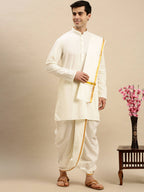 Ramraj Cotton Premium Wedding Cream Readymade Panchakacham,Kurta & Towel Set RP Jari | Grocsy