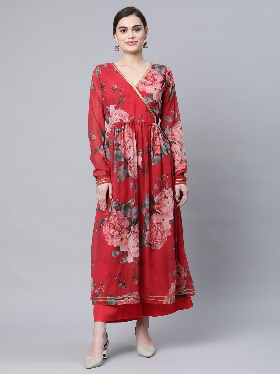 Ahalyaa Women Red Georgette Digital Floral Printed Kurta Palazzo Set | Grocsy