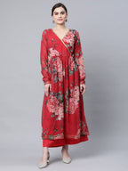 Ahalyaa Women Red Georgette Digital Floral Printed Kurta Palazzo Set | Grocsy
