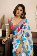 Vastranavya Multicolor Digital Printed Linen Ready To Wear Designer Saree with Unstitched Blouse | Grocsy