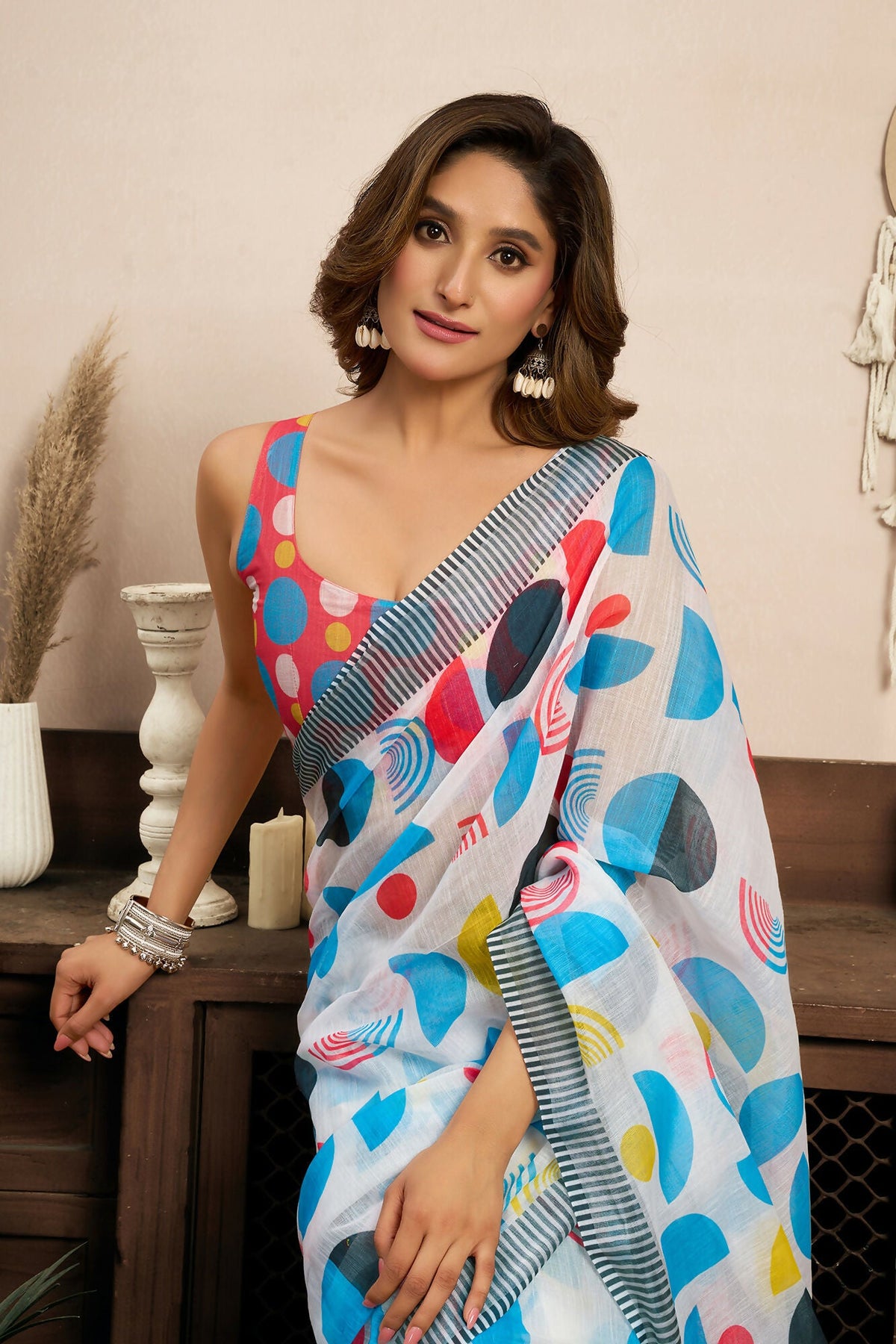 Vastranavya Multicolor Digital Printed Linen Ready To Wear Designer Saree with Unstitched Blouse | Grocsy