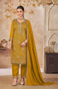 Anaita Mustard Vichitra Silk Readymade Suit with Embroidery & Lace Work | Grocsy