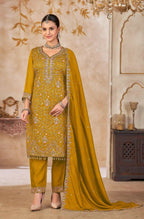 Anaita Mustard Vichitra Silk Readymade Suit with Embroidery & Lace Work | Grocsy